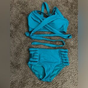 KIAVA Teal Bikini - crossover top - high waisted bottoms
